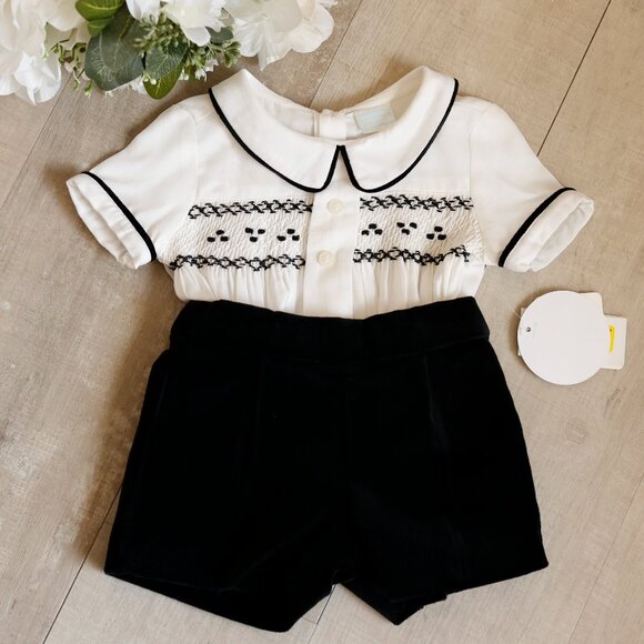 Smocked Bobby Suit Black Velvet and White Baby Ring Bearer Special Occasion NWT